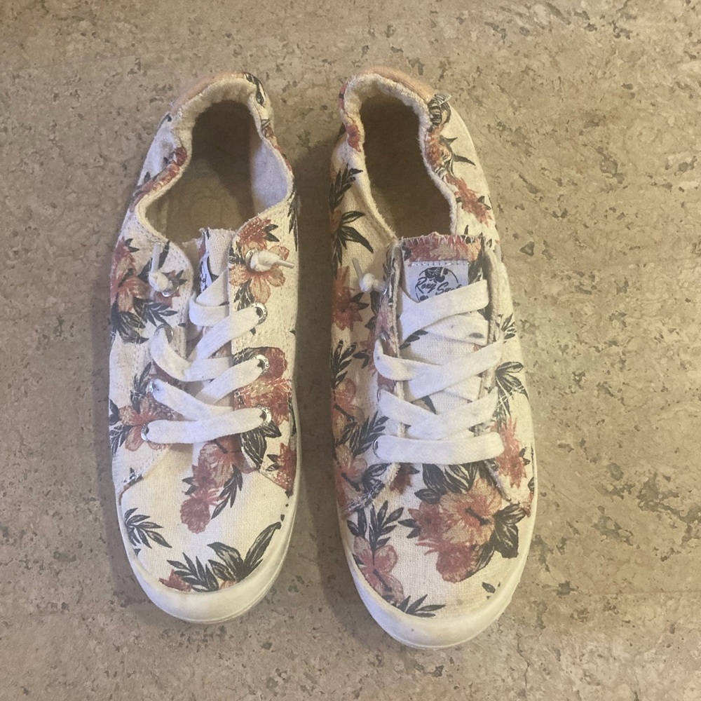 Cream and Pink Floral Sneakers with Lace-Up Design